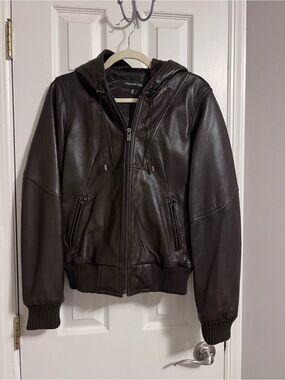 Jones New York Brown Leather Jacket w/Hood - Medium - like new & never worn